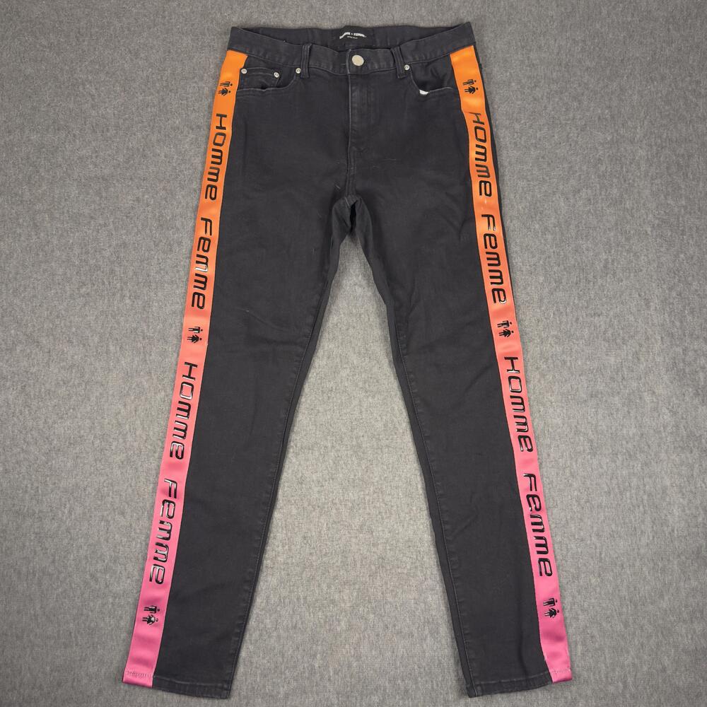 Homme + Femme Jeans Mens 32x32 Gray Skinny Side Stripe Orange Pink Logo Denim
